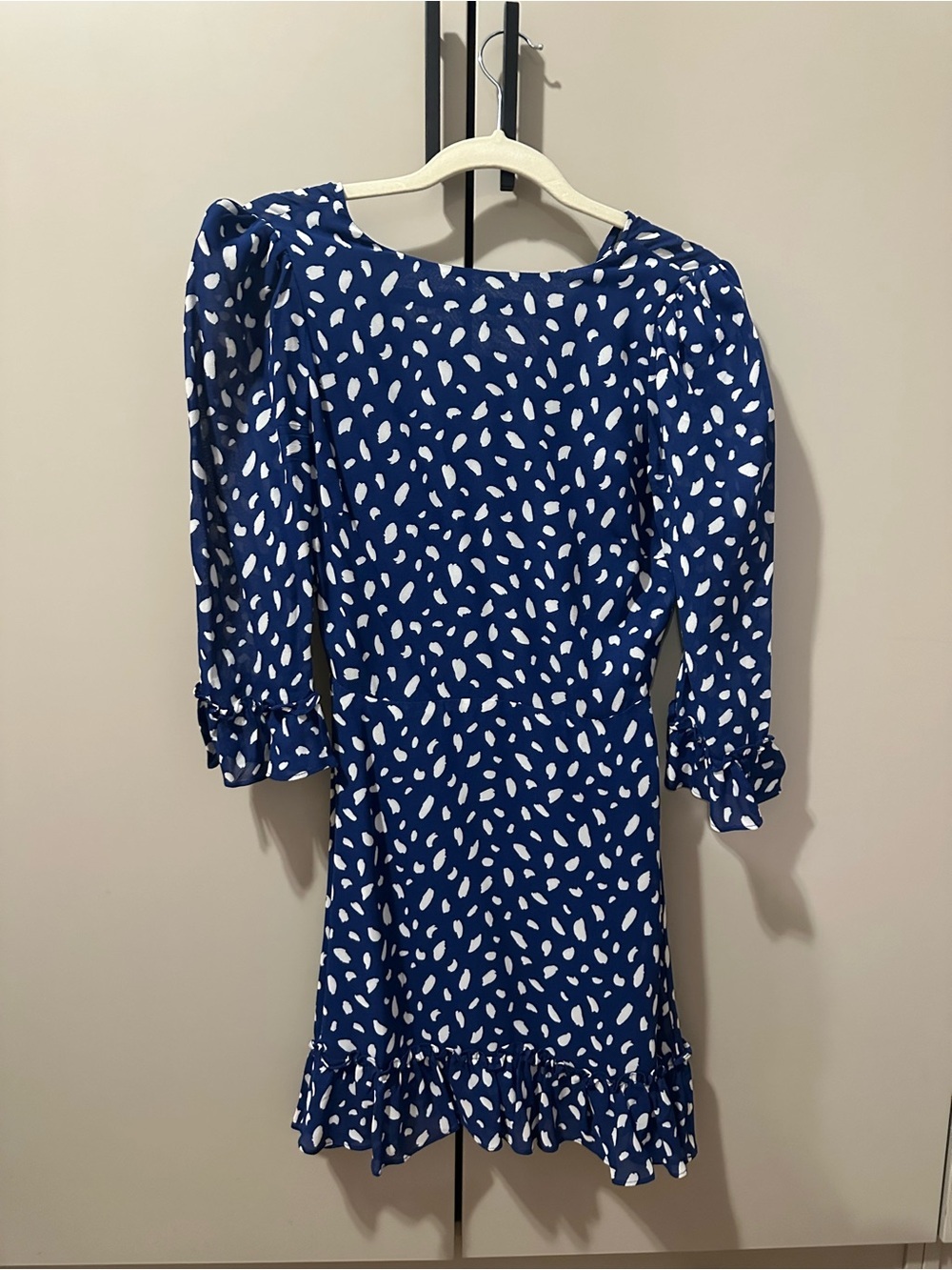 Reformation Navy and White Printed Long-Sleeve Ruffle Dress Size 2